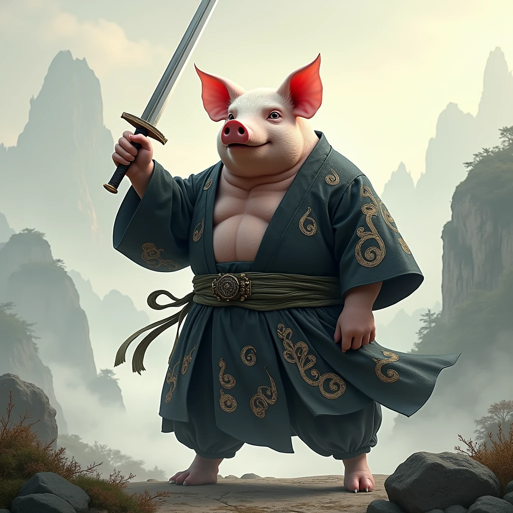 "A pig dressed in a traditional black Hanfu, standing in a dynamic pose with a sword held confidently in one hand. The Hanfu has intricate patterns, and the pig's expression is determined, blending both strength and elegance. The background features a serene Chinese landscape with mountains and mist, adding a mystical atmosphere."