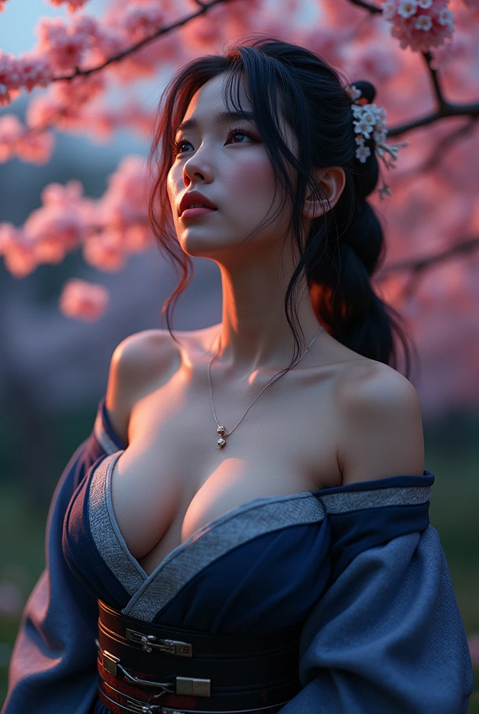 (nsfw:1.4), High resolution, RAWphotographgraphy, Highest quality, (Ultra-detailed, photorealistic, best quality, 4k,8k, highres, masterpiece:1.3), (photorealism:1.4), Cinematic, Color Grading, professional Photography, Depth of Field, hyper-detailed, beautifully color-coded, insane details, intricate details, beautifully color graded, (Photorealistic:1.5, 8k, Highest quality, masterpiece, Ultra-high resolution), Highly detailed skin and facial textures:1.3, Beautiful female samurai holding a Japanese sword:1.1, Very large breasts、sagging breasts, Cute and sexy beauty, Perfect Style, Fair skin, Very beautiful face, (Mid-chest, Chest gap), (Embarrassed smile, Her facial expression when she felt intense caressing, Facial expressions when feeling happy), (wear the sexy sengoku uniform:1.1, Off the shoulder), (Beautiful Blue Eyes, Beautiful erotic eyes:0.8), (Too erotic:0.9, Fascinating:0.9), Full Body Shot, Cherry Blossoms at Night, biting her lips, looking upwards