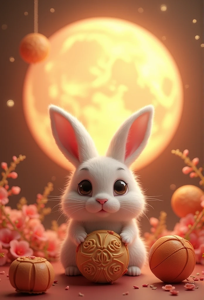 Q version of the rabbit,Cute and cuddly,moon cake,laurel,moon,The lighting is depicted in great detail,orange hues,OC Rendering,high quality,masterpiece,Surrealism,Hyper-photorealism,8K,Ultrafine,Extremely detailed,Ultra wide angle,Dynamic perspective
