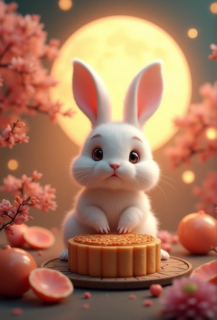 Q version of the rabbit，Cute and cuddly，moon cake，laurel，moon，The lighting is depicted in great detail，orange hues，OC Rendering，high quality，masterpiece，Surrealism，Hyper-photorealism，8K，Ultrafine，Extremely detailed，Ultra wide angle，Dynamic perspective