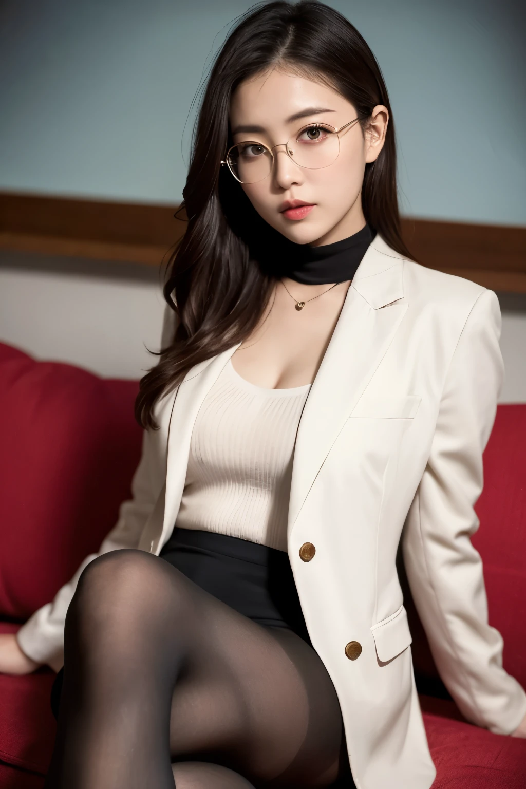 ulzzang-6500-v1.1, masterpiece, , 最high quality,、Super detailed, スーツと眼鏡をかけた上品なエリート女性がphotographのポーズをとる, Sitting on the sofa with legs crossed、Wearing a suit and glasses, Wearing a strict business suit, (Ultra-realistic pantyhose:1.3)、 スーツを着て黒いWearing glassesいる, 黒いWearing glassesいる, Wearing a suit, Wearing glasses, Wearing a suit, 厳格なWearing a suit, JK Uniform, Japanese Uniform, Wear a business suit, Japanese School Uniform, Wear a business suit, On the body, Tyndall effect, Realistic, Shadow Studio, Rim Light, Dual Tone Lighting, (High Definition Skins: 1.2), 8k ウルトラHD, Digital SLR, Soft Light, high quality, Volumetric Light, Sneak Shot, photograph, High resolution, 4K, 8k, Background Blur, Realistic skin texture、Shiny skin、Bare thighs!!!、