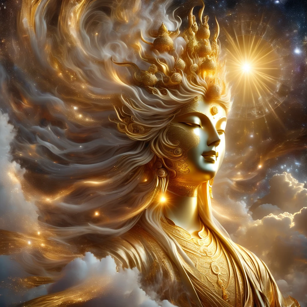 A majestic Golden Senju Kannon Bodhisattva, the Buddhist deity with a thousand arms, descending gracefully from the heavenly realms to an earthly shrine. The deity's form is illuminated by a divine light as it moves through the clouds, with each golden arm and hand exquisitely detailed and shimmering. The cinematic lighting creates dramatic shadows, highlighting the deity's mystical and powerful presence. Below, a crowd of devotees is gathered, kneeling and offering prayers in reverence, their faces filled with awe and devotion. The scene captures the moment of divine descent, with ethereal light beams and celestial elements enhancing the sacred atmosphere. The environment is a traditional shrine, with temple elements like lanterns, torii gates, and a gentle mist, contributing to the overall sense of spiritual power and reverence.