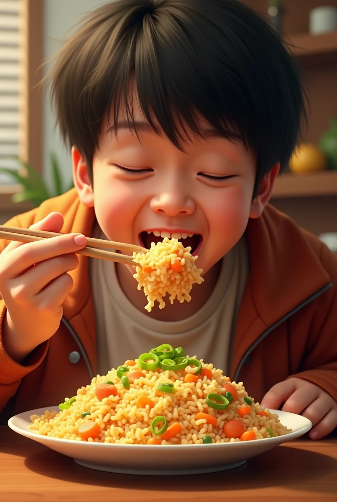 a young boy eating rice,child,cute,beautiful detailed eyes,beautiful detailed lips,extremely detailed face,detailed portrait,(best quality,4k,8k,highres,masterpiece:1.2),ultra-detailed,(realistic,photorealistic,photo-realistic:1.37),HDR,UHD,studio lighting,ultra-fine painting,sharp focus,physically-based rendering,extreme detail description,professional,vivid colors,bokeh,warm lighting,natural light,detailed texture,intricate details,soft focus,shallow depth of field,dynamic composition,cinematic framing,volumetric lighting