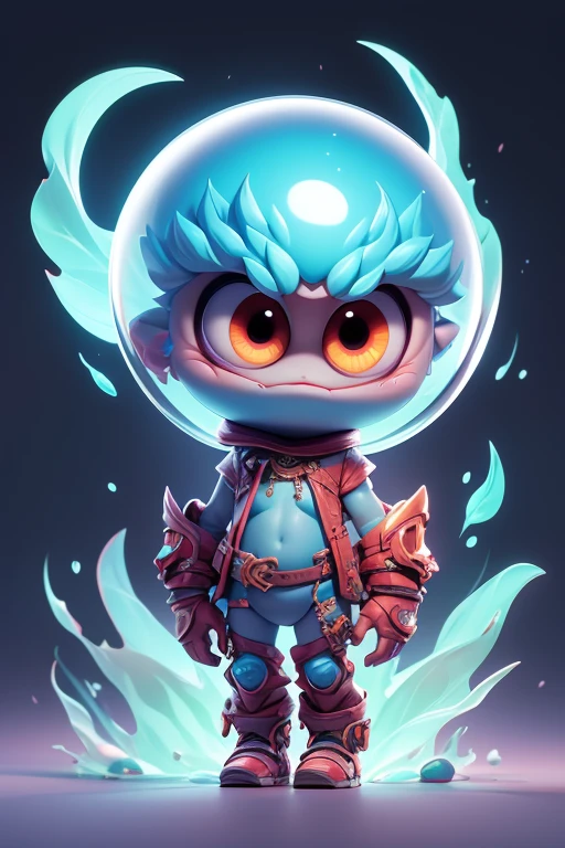 Create a monster image, a small, big-headed,  monster.. The body is transparent and can be seen through. The image is sharp and detailed., with beautiful colors.. With arms, leg, eyes, mouth, พื้นหลังสีlegว