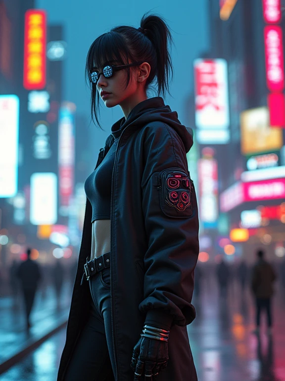 3000 years、夜のcyber punkの近未来都市、A female samurai with a cyborg half-body、cyber punk、(((Mirror goggles embedded in the face)))、can&#39;I can see your gaze、Grab the gun、Estimated Age２0-year-old、Bodysuits that fit the body、skinny、skinnyパンツ、Casual wear、Wear a half coat、Ready for battle