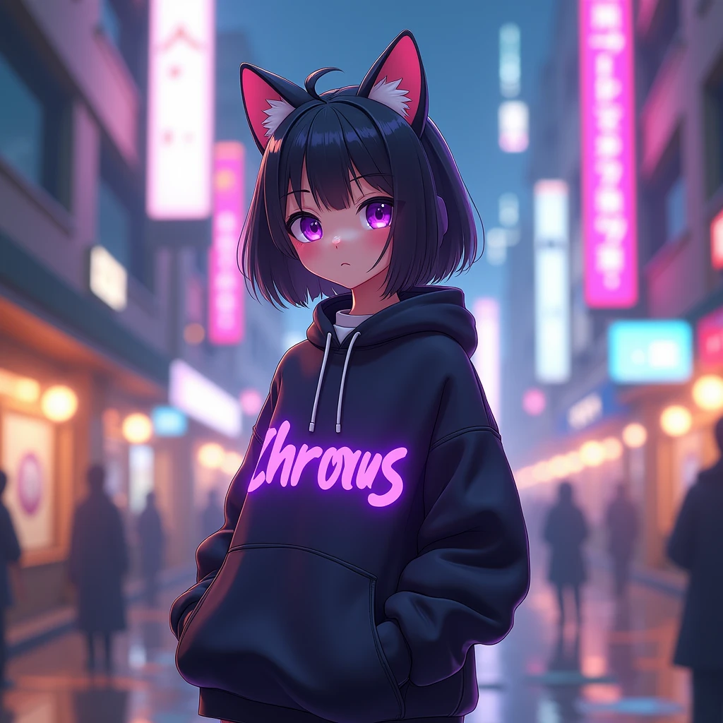 anime man is wearing aesthetic outfit with cat ears, with a purple text "chronus" on her clothes, in citylights background
