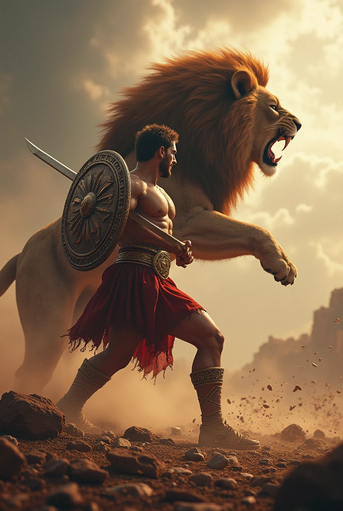masterpiece、Highest quality、Highest quality、Detailed Description、Brave、art、Epic、One strong man、Greek Mythology、Based on the hero Hercules、An epic battle、With a sword and shield、Hero fighting a lion、battlefield、Sharp Eyes、4K Graphics