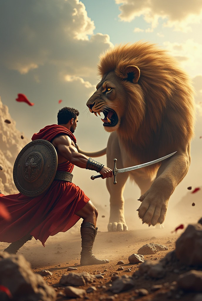 masterpiece、Highest quality、Highest quality、Detailed Description、Brave、art、Epic、One strong man、Greek Mythology、Based on the hero Hercules、An epic battle、With a sword and shield、Hero fighting a lion、battlefield、Sharp Eyes、4K Graphics