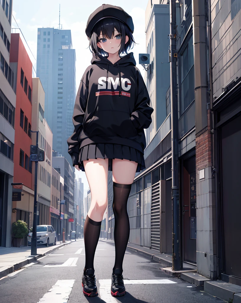 anime, Highest quality, masterpiece, High resolution, stylish, cute ,One person, alone, short hair, Black Hair, hoodie, Off the shoulder:1.2, Mob Cap, Runaway girl, street, Grab the skirt,Thigh-high stockings, Pleated skirt, Ultra mini skirt