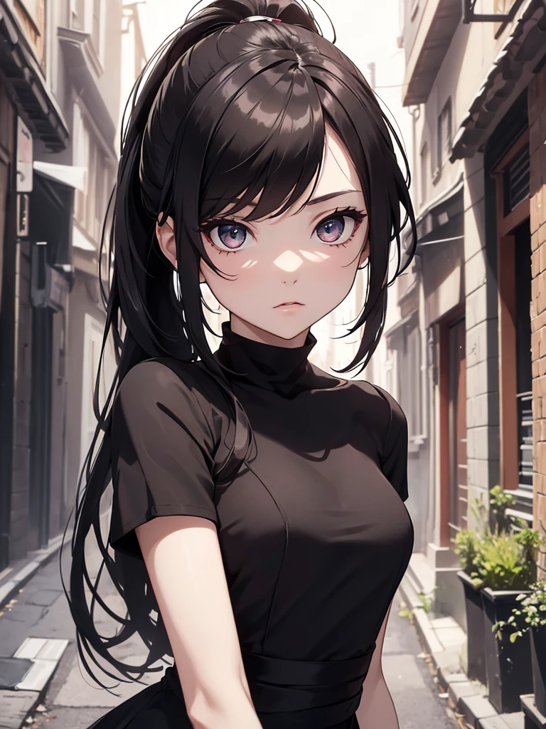 (8K, Best Quality, Masterpiece, Ultra High Resolution) Single Person, 1 Girl, Cute Eyes, Face Details, Pale Skin, Slender, Short, Black Hair, Slender Body, Ponytail, Brown Eyes, Wearing Tight Black Dress, Dark Alleyway, Best Quality, Upper Body, Looking at the Viewer, Facing Viewer, Close Up