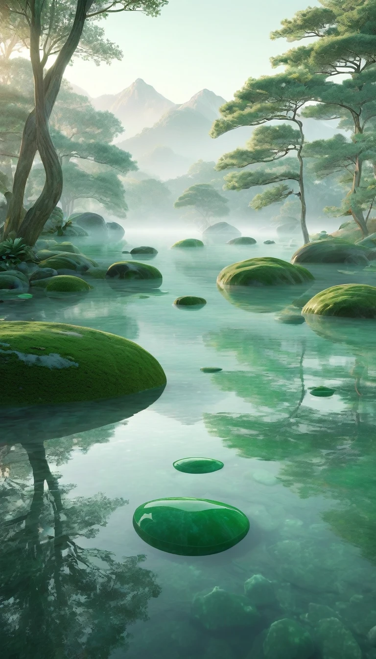 (best quality,4k,8k,highres,masterpiece:1.2),ultra-detailed,(realistic,photorealistic,photo-realistic:1.37),landscape,minimalism,serene,serenity,tranquility,peaceful atmosphere,subtle colors,focus on key elements,contemplative,muted tones,delicate composition,gentle curves,subdued lighting,dreamlike,mysterious,harmony,magical,vibrant reflections,smooth surfaces,reflection of the world,serene atmosphere,calmness,harmonious balance,airy spaces,immaculate,mindfulness,quietude,positive energy,A journey surrounded by jade stones and delicate lighting,sublime beauty,natural harmony,wisdom of simplicity,visual poetry,whispered elegance,understated majesty,perfectly balanced symmetry,ethereal,abstract beauty,calming experience,touching the essence of things,clarity of vision,seamless integration of form and function,minimalist design principles,zen-like,spiritual awakening,tranquil spaces,effortless beauty,subtle textures,soft lines and gentle curves,blurring the boundaries between art and nature.