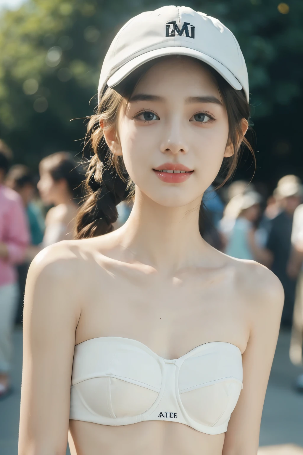 (((best quality))),(((ultra detailed))),(((masterpiece))),illustration,((1 beautiful girl,solo)),(white baseball cap:1.3),(short ponytail:1.2),((slim,thin,graceful)),((small breasts,flat chest)),(summer afternoon:1.3),(at the schoolgate:1.3),bustling,(strapless torn white bra:1.3),(bright sunlight:1.2),radiant,breezy,casual style,youthful vitality,delicate features,young people,students,chatting,laughing,vibrant energy,serene tranquility,vibrant rays of sun,captivating atmosphere,(surrounded by crowded crowds:1.3),((from front,close-up of face))