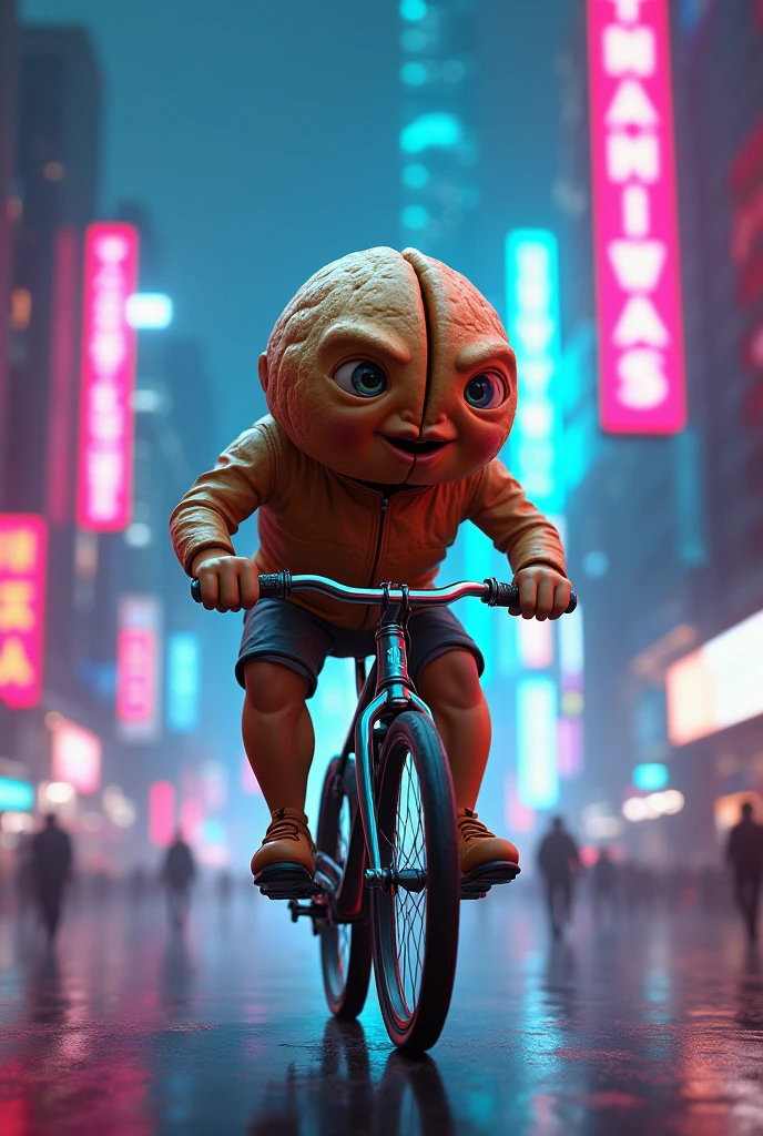 Walnut riding a bike in neon city