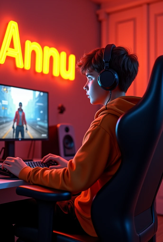 

Create A 3D Realistic image of a Boy sitting in gaming room on gaming chair and playing on Free Fire application on his pc. The girl must wear dark orang hoodie headphones And his name "Annu Gaming" is Written on the wall with orange colour neon light.