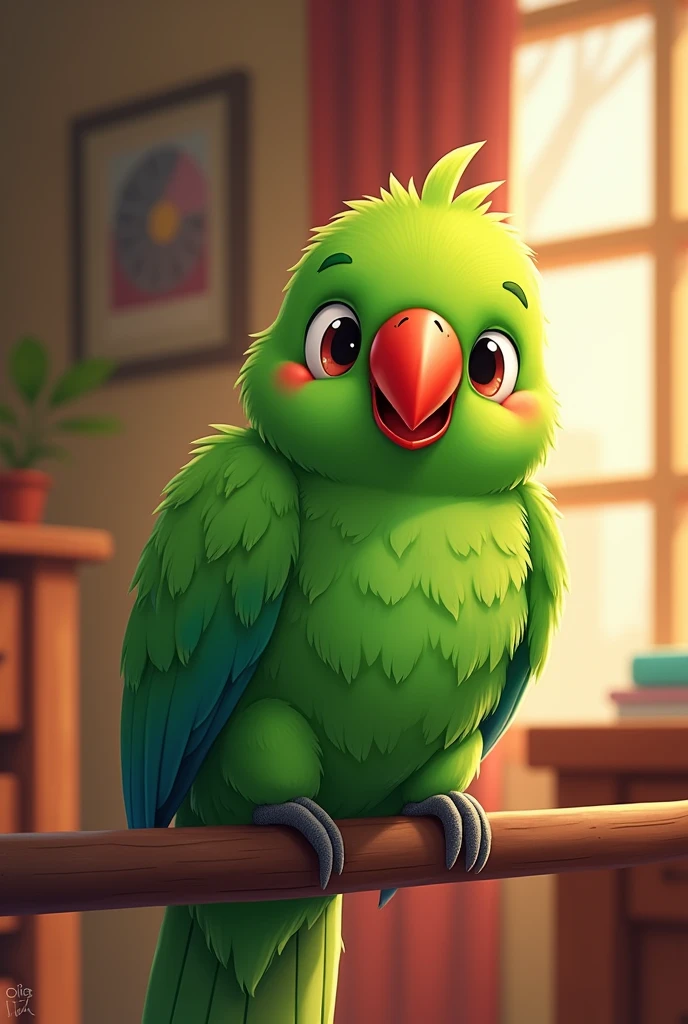 They had a beautiful parrot named Mitthu."
Prompt: An illustration of a green parrot with a red beak named Mitthu, sitting happily on a perch. The setting is indoors in a cozy room with wooden furniture, and the parrot's vibrant colors stand out against the background
