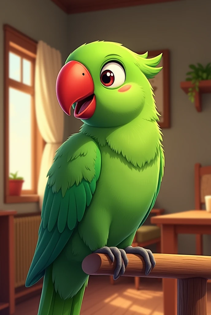 They had a beautiful parrot named Mitthu."

Prompt: An illustration of a green parrot with a red beak named Mitthu, sitting happily on a perch. The setting is indoors in a cozy room with wooden furniture, and the parrot's vibrant colors stand out against the background