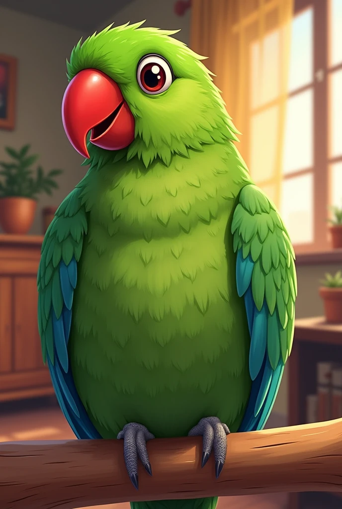 They had a beautiful parrot named Mitthu."

Prompt: An illustration of a green parrot with a red beak named Mitthu, sitting happily on a perch. The setting is indoors in a cozy room with wooden furniture, and the parrot's vibrant colors stand out against the background
