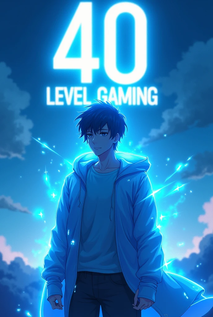 A male anime is standing in the background Glowing sky blue colour and white sparkle And above it is written in white glowing light "40 LEVEL GAMING" 
