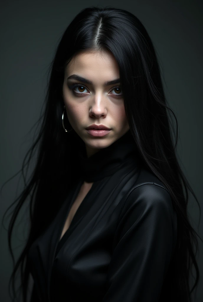 Young adult, gothic, black hair long, realistic professional photo for job profile