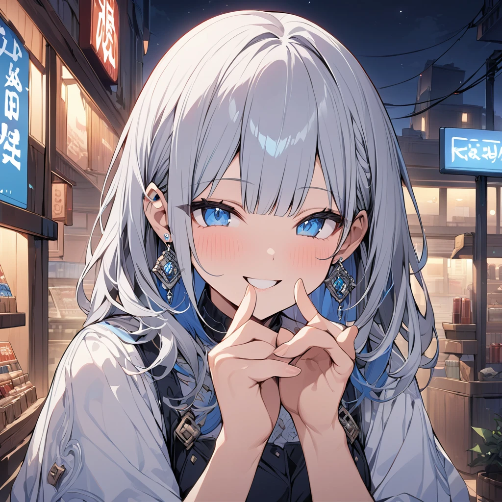 (masterpiece), (((Highest quality)), (Very detailed), 1 person, (Half Blue、Half silver hair: 1.2), , Outdoor, bangs, smile, Sky blue eyes, Perfect hands, Perfect hands, Hand Detail, Modified fingers. Earrings, Night Store + background,, Highest quality, Rich details, Perfect image quality,
