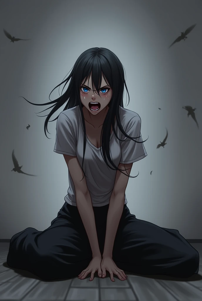 Young woman, Black long hair, blue eyes, Cried a lot, Screaming in pain, Anime Art, masterpiece, Realistically,Mouth wide open,Tears flow down my cheeks