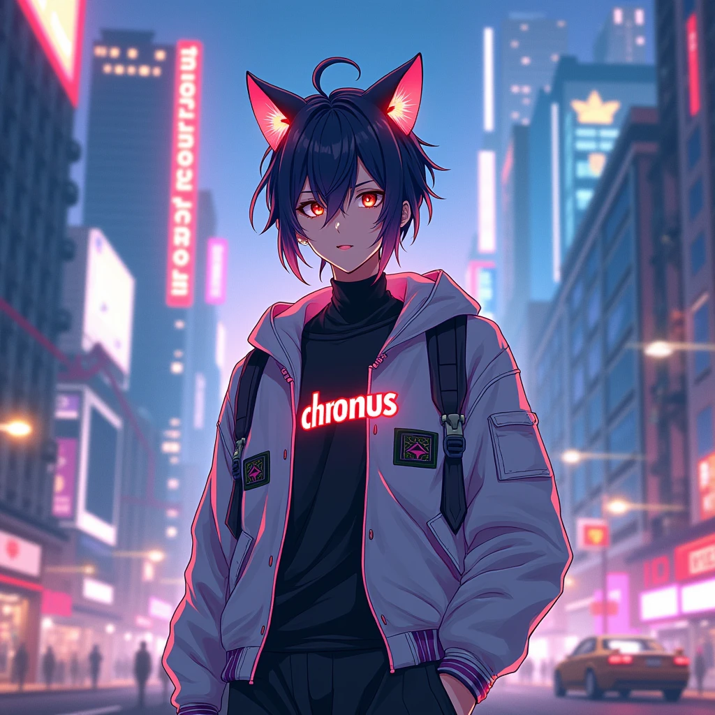 anime man is wearing aesthetic outfit with cat ears, with a purple text "chronus" on his clothes, in citylights background