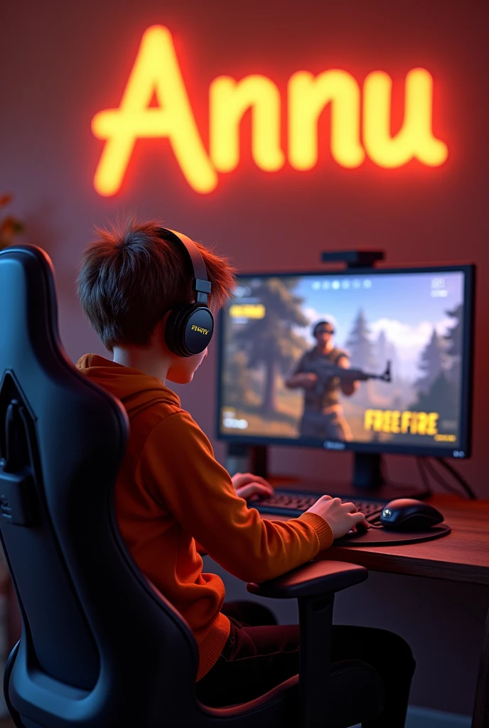 

Create A 3D Realistic image of a Boy sitting in gaming room on gaming chair and playing on Free Fire application on his pc. The girl must wear dark orang hoodie headphones And his name "Annu Gaming" is Written on the wall with orange colour neon light.