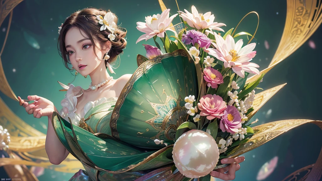 32K, 最高quality, 最高masterpiece, (ultra-Detailed Background, Detailed Background), High resolution, Super detailed, Very detailedな, 1 personの, (bouquet:1.3), (Tangled:1.2), (Geometric:1.2),(colorful),(masterpiece, quality, best quality, Official Art, Beautiful and beautiful:1.2), (1 person:1.3), Very detailed,(colorful:1.1)(Flowers:1.3),Most detailed,(Tangled:1.2), whole body, (Abstract background:1.3), (Skin glows), (Many colors:1.4), ,(Earrings Pearl:1.5), Light green background, It's imaginative., Brunette Hair, Updo, Holding a book, Holding a pen, Satin shirt