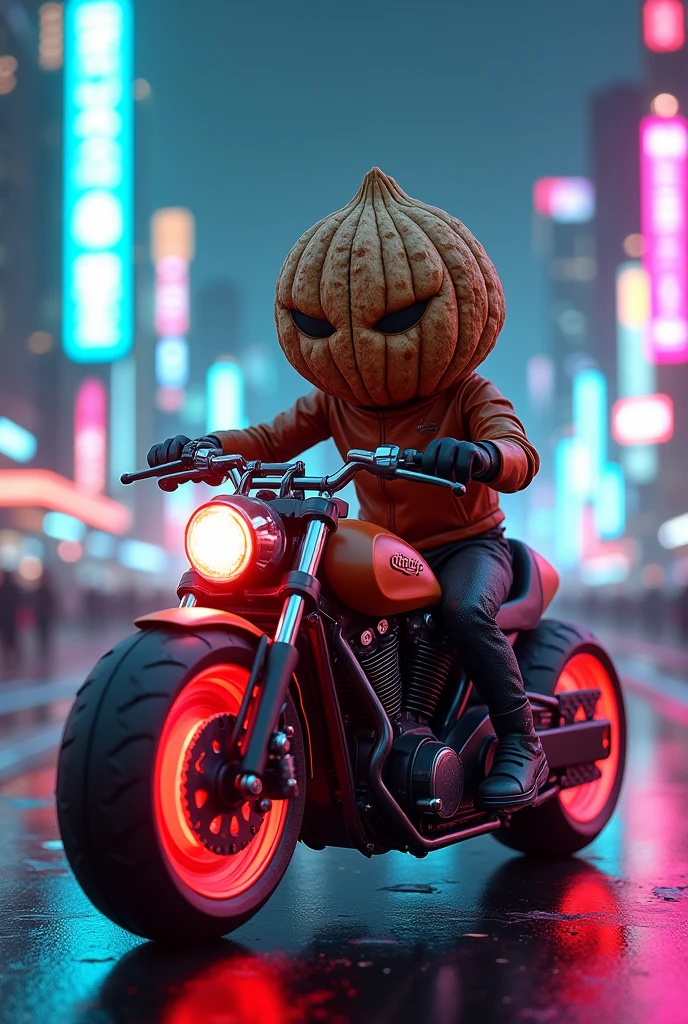 Walnut riding a motorcycle in neon city