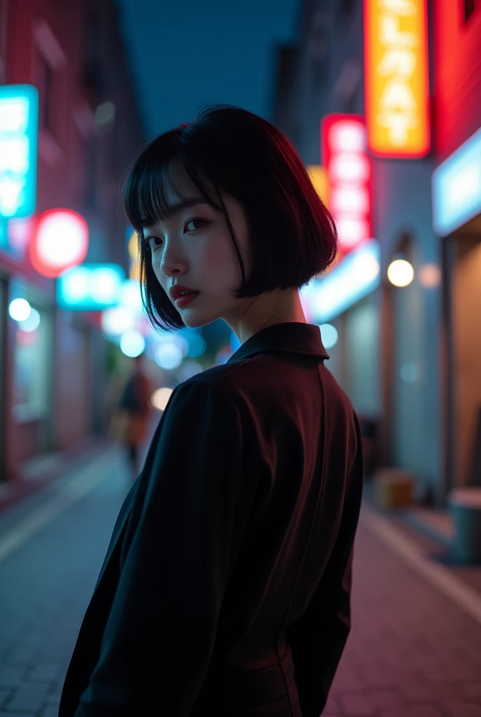 "Photo of a young Korean woman with short hair, seen from the back, upper body only, with her face not visible, on a nighttime street with neon signs, wearing a modest, elegant two-piece outfit with no exposure, conveying sophistication and beauty."