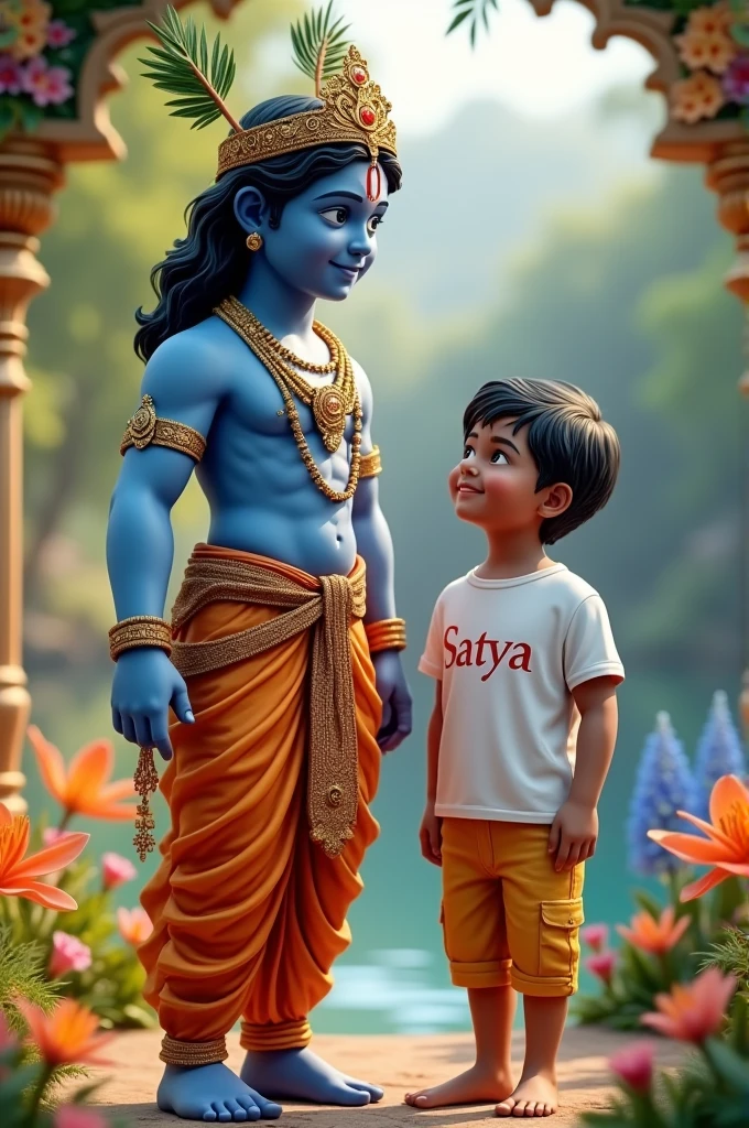 Imagine a 3D realistic image of Lord Krishna with a 1 Indian boy,the boy is wearing white t-shirt with his name "Satya" written boldly on his top ,The backdrop is beautiful and "HAPPY JANMASHTAMI" written on top.