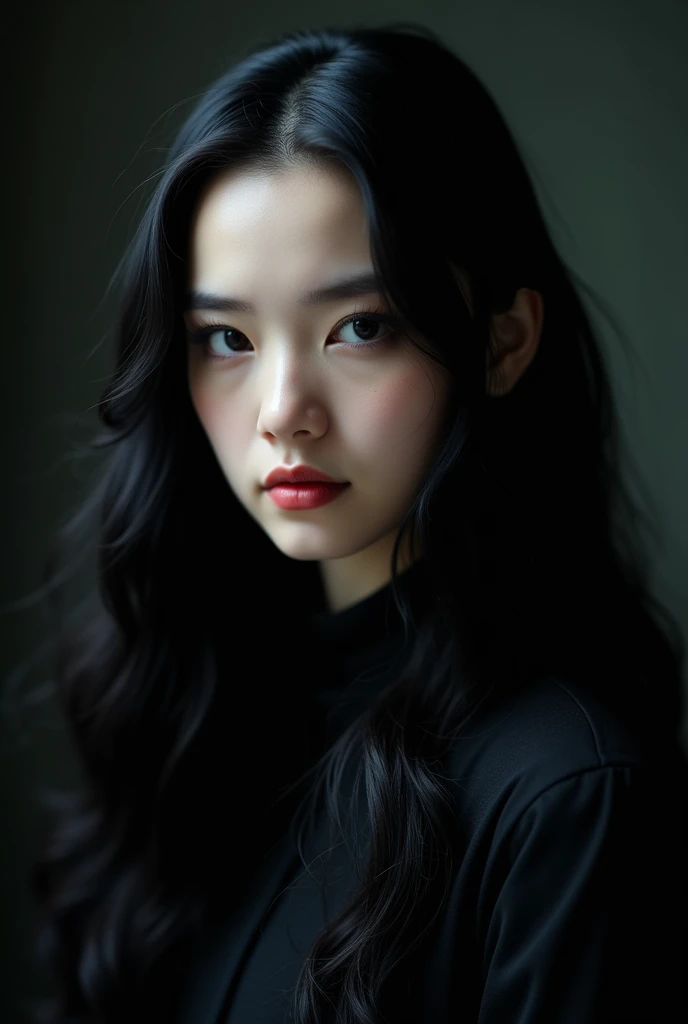 adult, gothic, black hair long, realistic professional photo for job profile