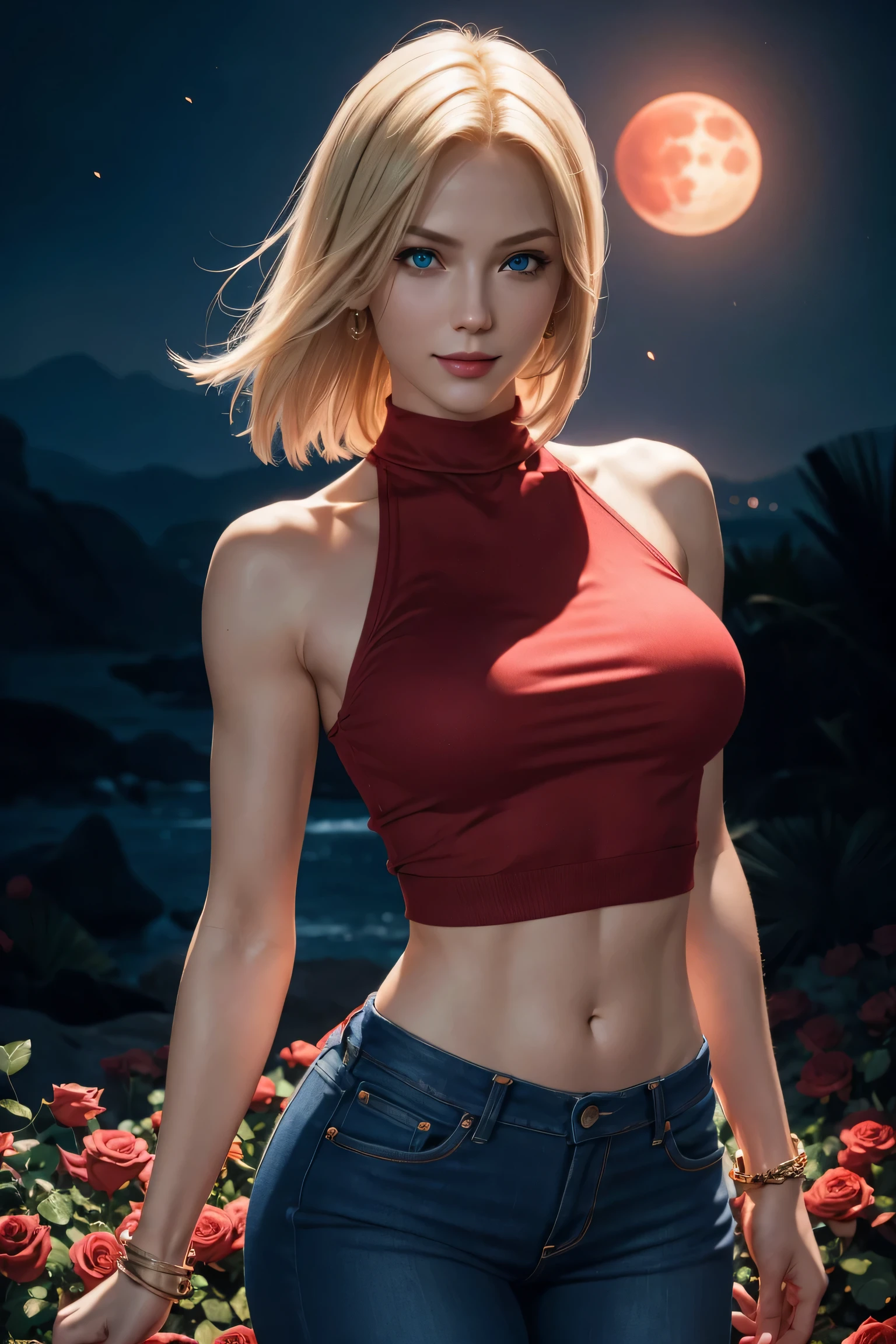 KOF,King of Fighters,Blue Mary,Blue Eyes,Blonde Hair,Medium Hair,Beautiful white skin,Photorealistic,Ultra HD,high quality,masterpiece,Digital SLR,Detailed details,Intricate details,Anatomical basis,Depicted in detail,A detailed face,Realistic skin texture,Vivid details,Perfect Anatomy,Perfect Anatomy,Anatomically correct hand,Anatomically correct fingers,Super Detail,Complex 3D rendering,Sexy pose,Red knit sleeveless top,jeans,Fantasy worldview,Beautiful red sea,Beautiful Red Moon,Beautiful night sky,Petals of roses dance,Picturesque,Pink Lips,smile,
