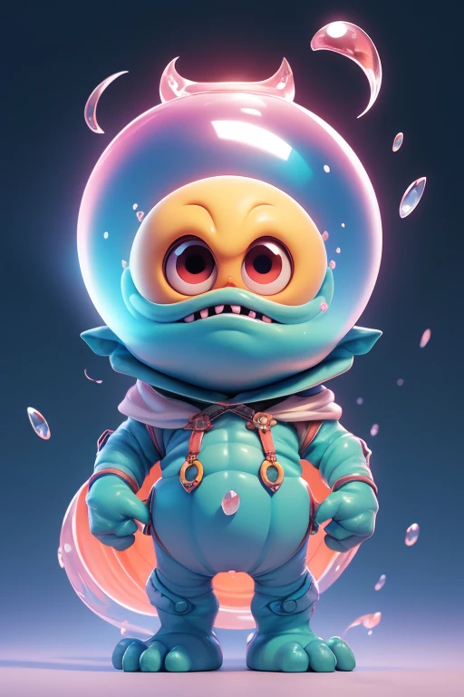 Create a monster image, a small, big-headed, baby monster.. The body is transparent and can be seen through. The image is sharp and detailed., with beautiful colors.. With arms, leg, eyes, mouth, พื้นหลังสีlegว
