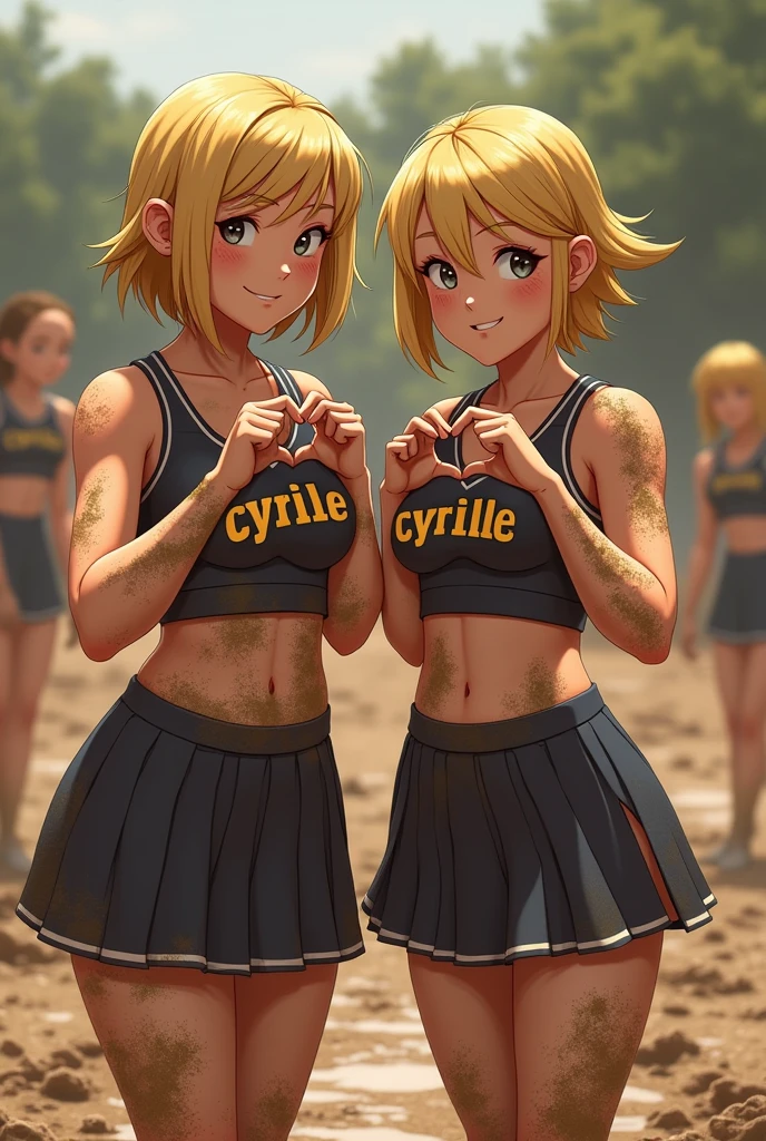 e qualité de 2 femmes blondes, l'une d'elle a les cheveux courts l'autre les cheveux longs. Elles sont toutes les 2 déguisées en cheerleader avec écrit sur le torse "Cyrille". Elle sont dans la boue avec  de la boue sur le corps et le visage, côté à côté en regardant l'objectif et forment des coeurs avec leurs mains