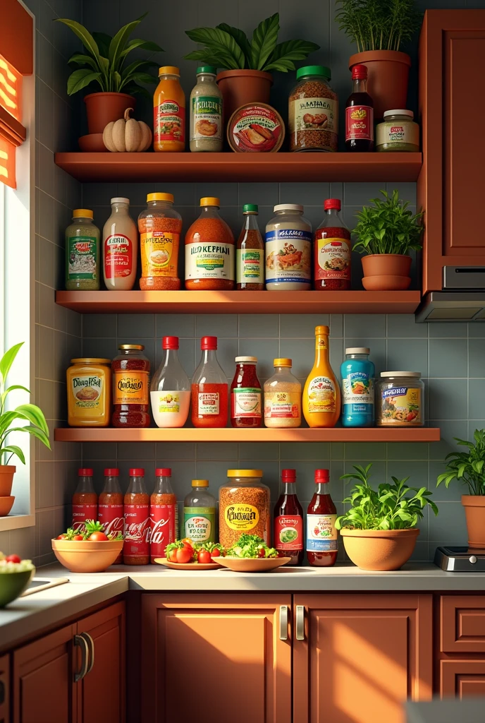 Food pantry in kitchen with phillipines food, pinoy vegetables, cocacola softdrinks, magic sarap, soy sauce, tomato sauce, datu puti, vinegar,