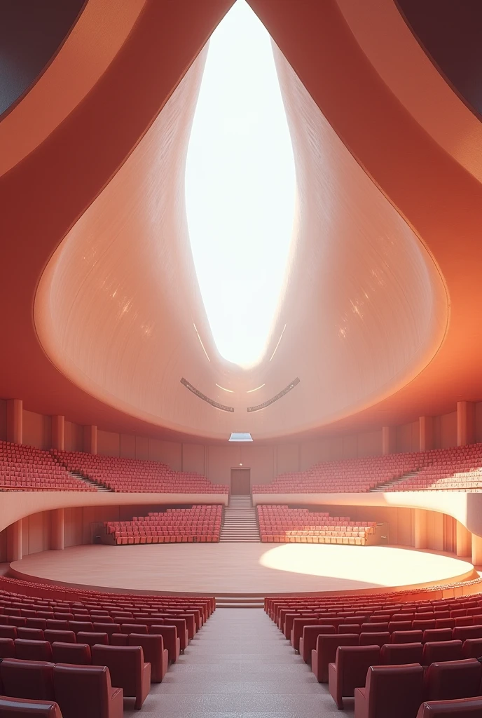 3d design of theatre that has 1078 seats and curved design simple only and the pov is on the stage no seats in the second floor and it is a inside theatre close try to sketch it with color and no seats in the upper portion its like architech design