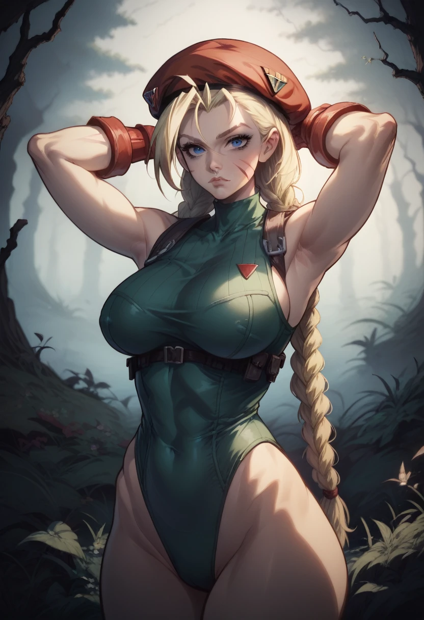 cinematic film still beautiful,masterpiece,best quality,extremely detailed face,perfect lighting,1girl,arms behind head,cowboy shot,cute,flirty,looking at viewer,cammy white,twin braids,long hair,blonde hair,antenna hair,beret,(red headwear:1.3),blue eyes,scar on cheek,(large breasts:1.2),green leotard,sleeveless,red gloves,fingerless gloves,camouflage,. shallow depth of field, vignette, highly detailed, high budget, bokeh, cinemascope, moody, epic, gorgeous, film grain, grainy