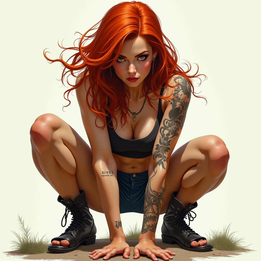 ((best quality)), ((masterpiece)), (detailed), beautiful redhead, crouching woman with legs apart, has a tattoo with the inscription "ERO BULL", full body