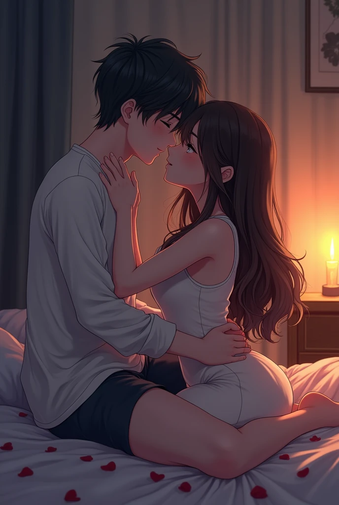 A cute anime couple lying in bed making love 