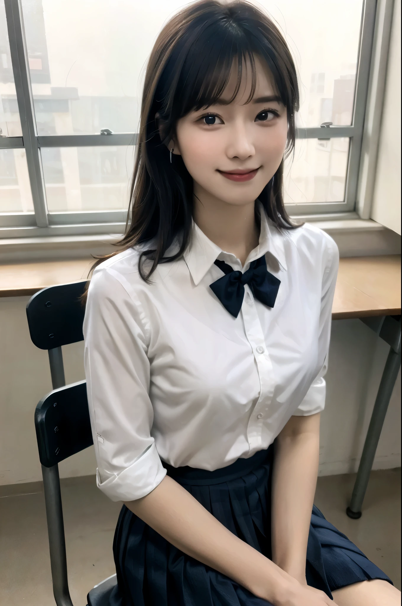 (masterpiece:1.2, Highest quality), (Realistic, photoRealistic:1.4), Beautiful illustrations, (Natural Side Lighting, Cinema Lighting), 
View your viewers, Dynamic Angle, 1 person, Japanese, office worker, reception, Perfect Face, Cute and symmetrical face, Sunburn, Glowing Skin, 
(Medium Hair, (Bicester Hair), Side Lock, Black Hair), Swept-apart bangs, Chocolate-colored eyes, Long eyelashes, (Large Breasts), thin, 
Beautiful Hair, Beautiful Face, Beautiful attention to detail, Beautiful clavicle, Beautiful body, Beautiful breasts, Beautiful thighs, Beautiful feet, Beautiful fingers, 
(White collared shirt, Blue pleated skirt, cardigan, Red bow tie), Dynamic Angle, From the side, 
(Beautiful views), summer, (sitting on Chair, Povside Class, indoor, Chair, machine, classroom, school machine, window), , (smile, fearless smile, Happy, fun, Joyful),