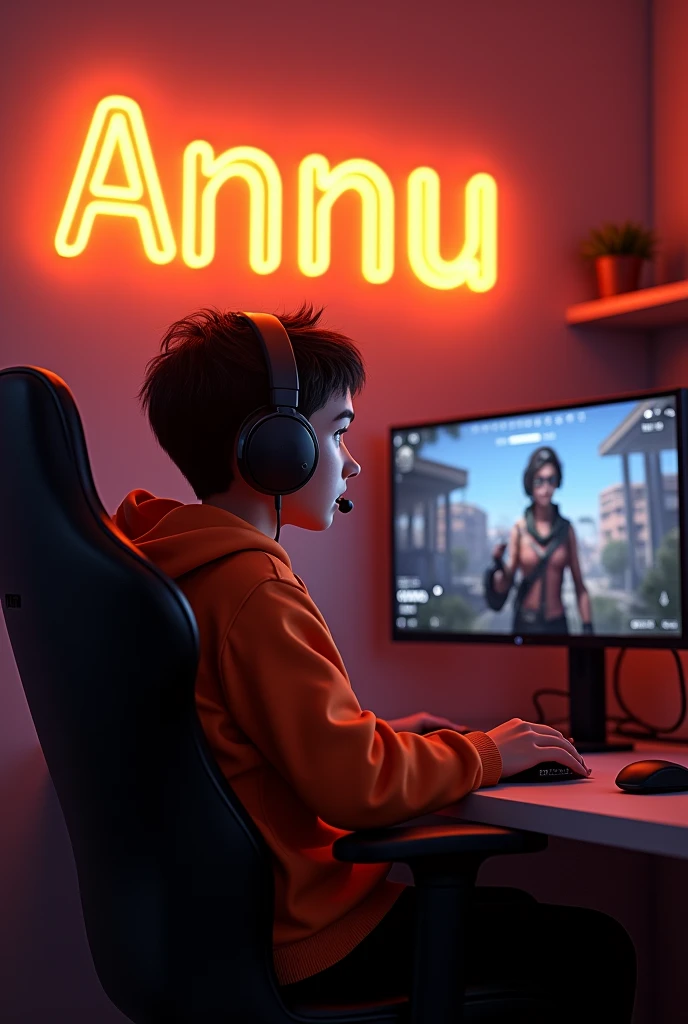 Create A 3D Realistic image of a Boy sitting in gaming room on gaming chair and playing on Free Fire application on his pc. The girl must wear dark orang hoodie headphones And his name "Annu Gaming" is Written on the wall with orange colour neon light.