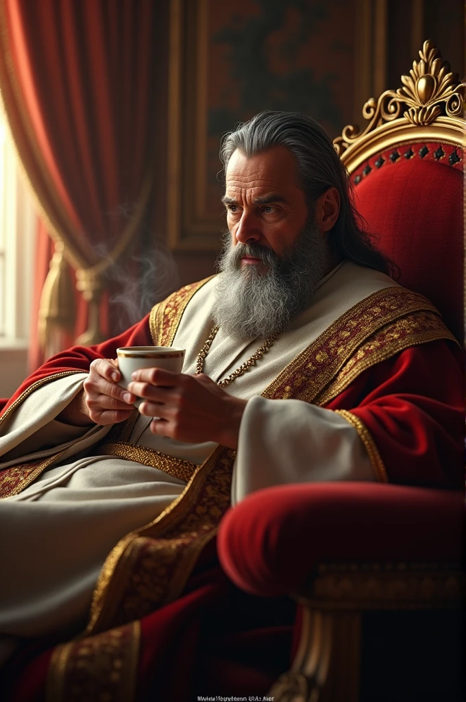 A king with trimmed beard with coffee in his hands sitting in a mansion