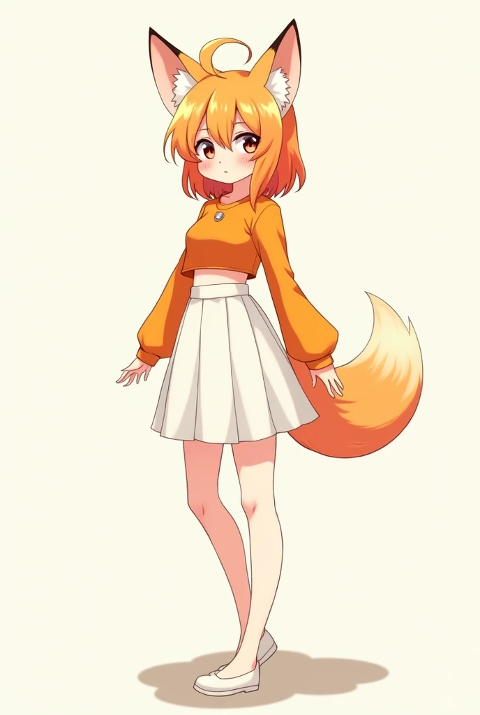 anime girl have a fox ear wearing an orange crop top white skirt and full body no background