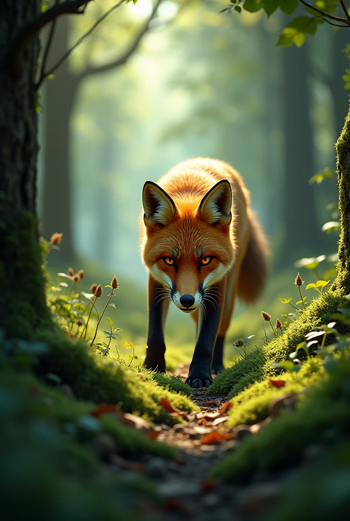 Hungry fox in forest