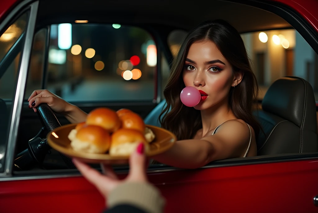 advertising photography, Beautiful girl prostitute brunette with long hair European appearance in a red car, hands out delicious, mouth-watering rolls to the viewer, blowing a bubble gum with your lips, The lips are red, Studio Photography, studio lighting, in the foreground is a blurred hand of a viewer from a doorway, realistic skin texture and detail, background dark night street
