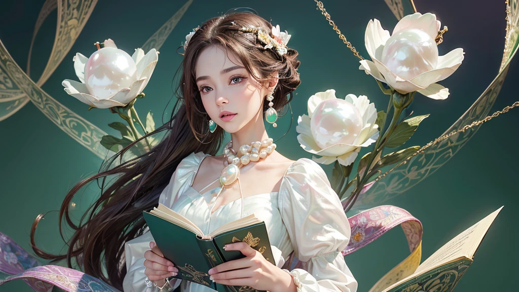 32K, 最高quality, 最高masterpiece, (ultra-Detailed Background, Detailed Background), High resolution, Super detailed, Very detailedな, 1 personの, (bouquet:1.3), (Tangled:1.2), (Geometric:1.2),(colorful),(masterpiece, quality, best quality, Official Art, Beautiful and beautiful:1.2), (1 person:1.3), Very detailed,(colorful:1.1)(Flowers:1.3),Most detailed,(Tangled:1.2), whole body, (Abstract background:1.3), (Skin glows), (Many colors:1.4), ,(Earrings Pearl:1.5), Light green background, It's imaginative., Brunette Hair, Updo, Holding a book, Holding a pen, Satin shirt