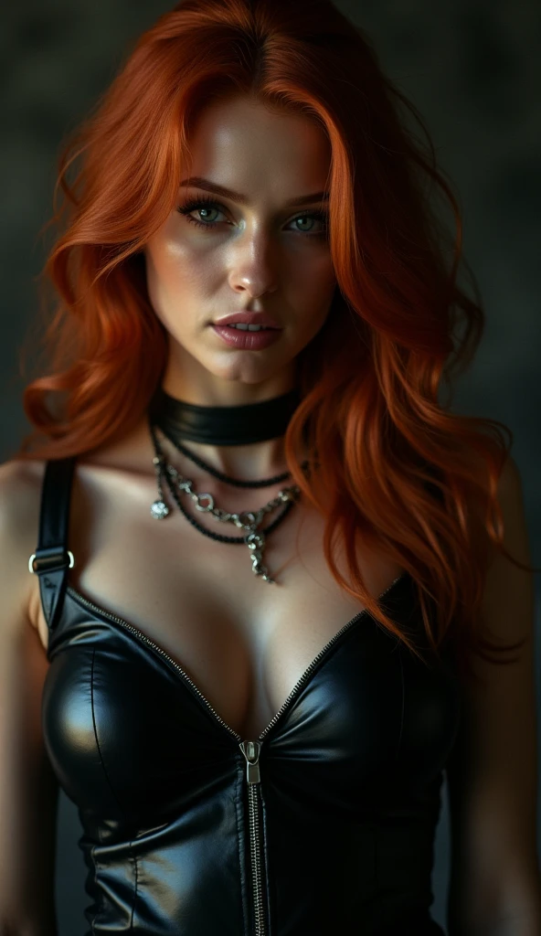 beautiful redhead woman in black leather bodysuit with chains, cinematic closeup, dramatic lighting, hyper realistic, 8k, masterpiece, photorealistic, chiaroscuro lighting, moody, dramatic, sensual, elegant, alluring, seductive, mysterious, captivating