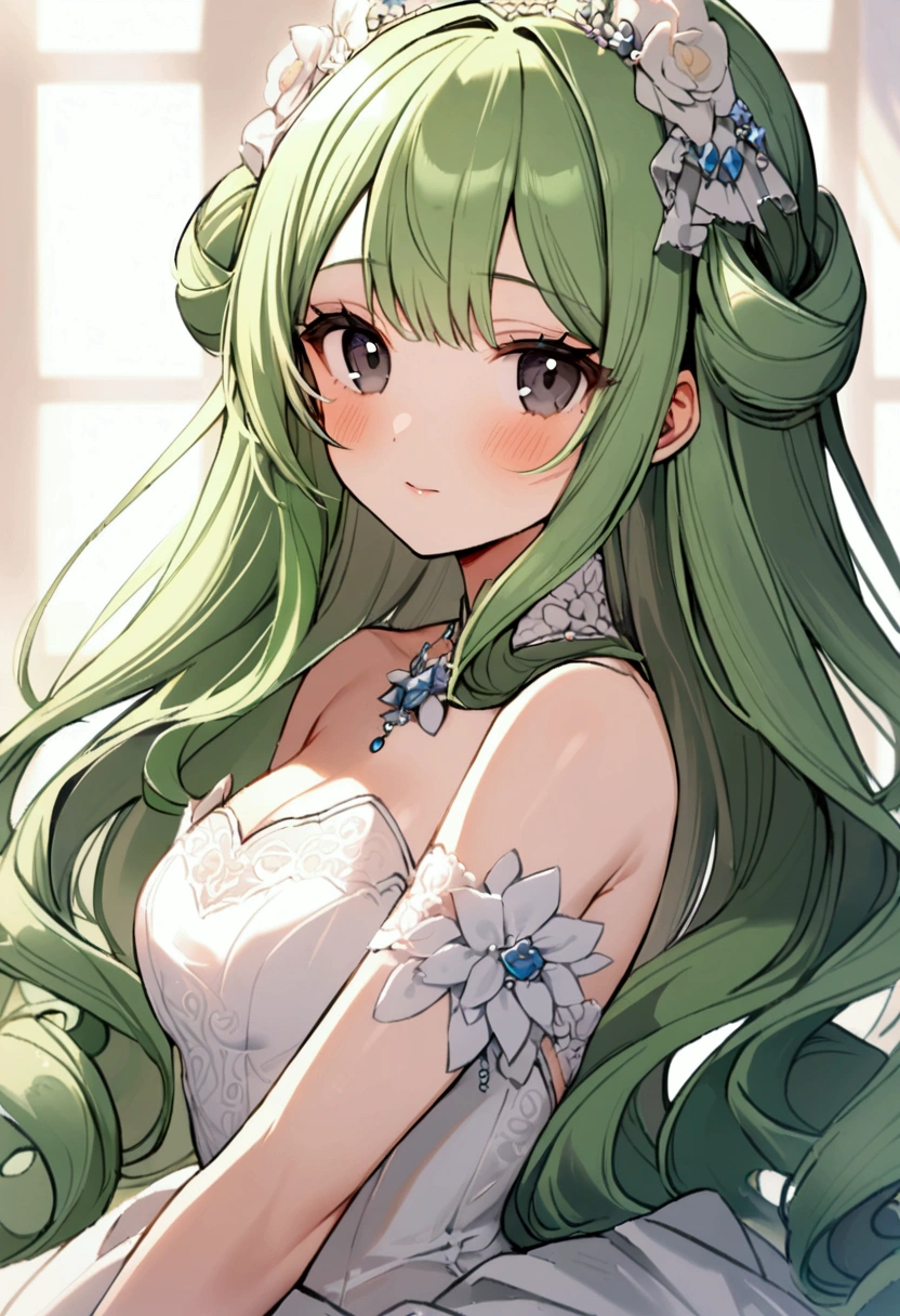20 years old girl, green hair, shoulder length hair curled inward, black eyes, is a cute witch, wearing a wedding dress