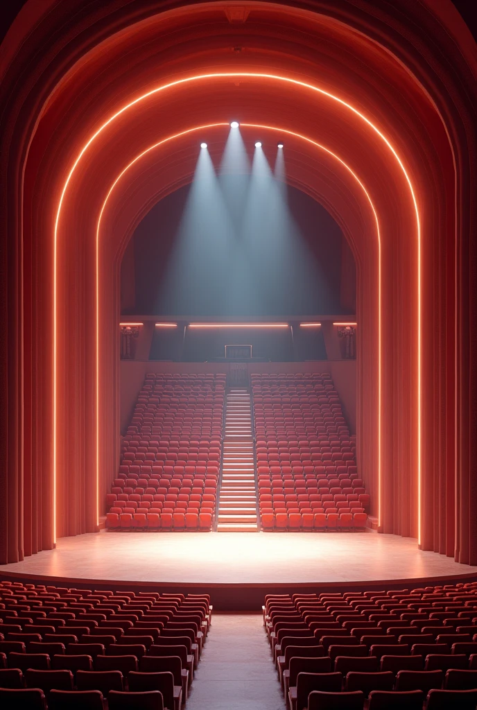 3d design of theatre that has 1078 seats and curved design simple only and the pov is on the stage no seats in the second floor and it is a inside theatre close try to sketch it with color and no seats in the upper portion its like architech design one pov only